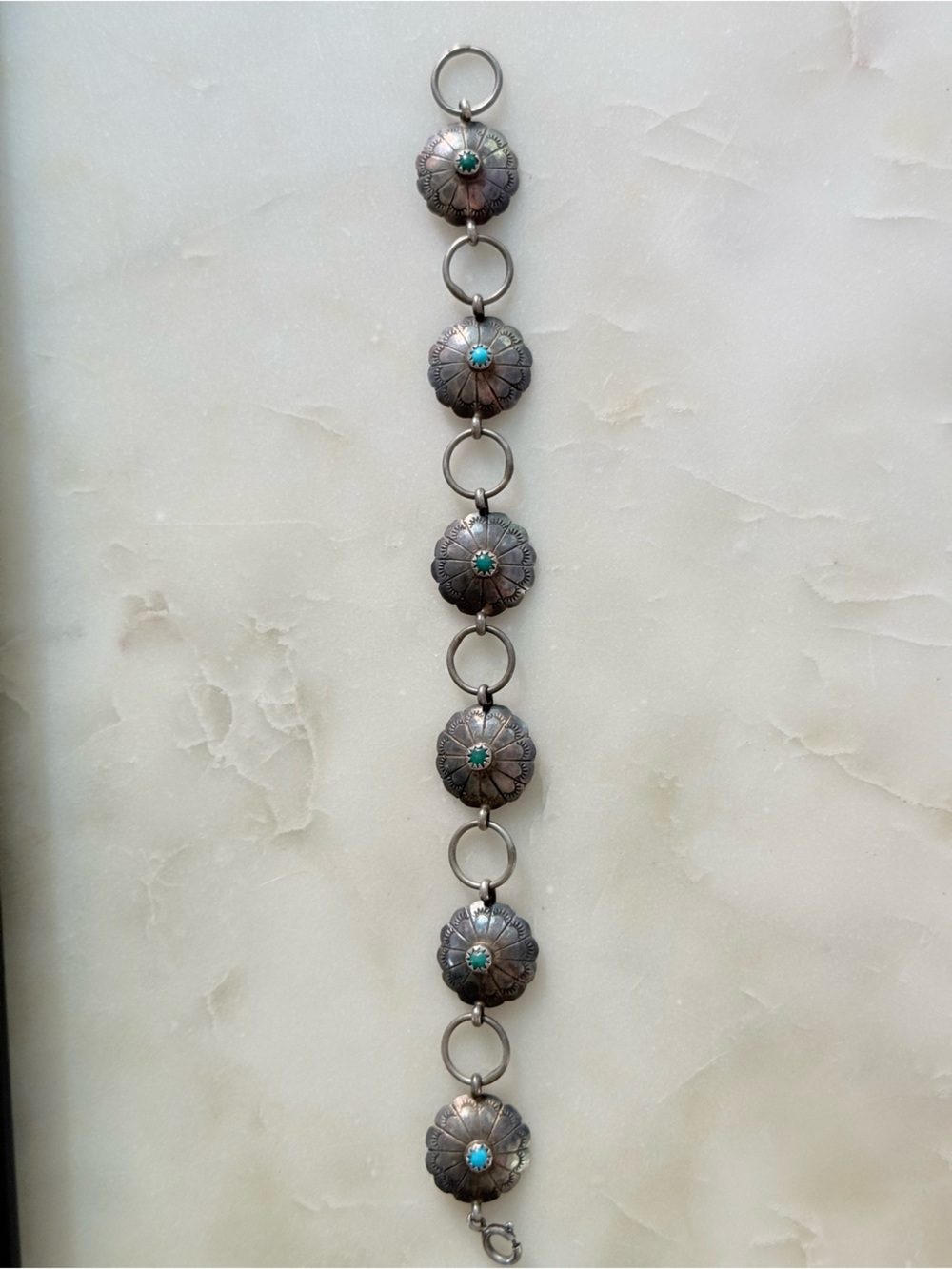 Vintage Native American Sterling Silver Turquoise Concho Link Bracelet Southwest